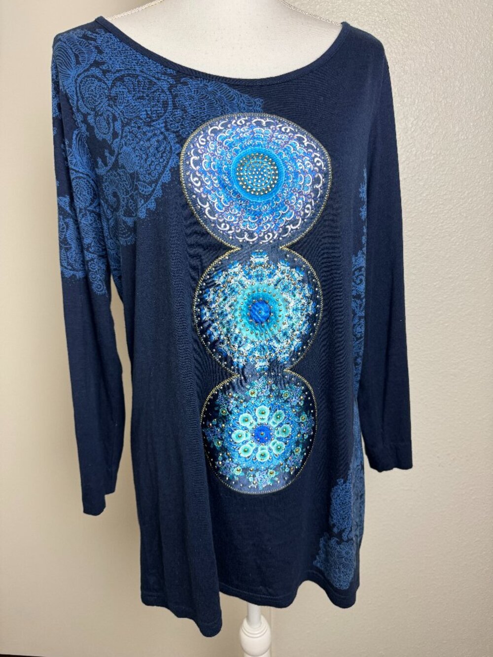 Desigual Long Sleeve Navy Tunic Blouse Mandala Viscose Cotton Sz XL